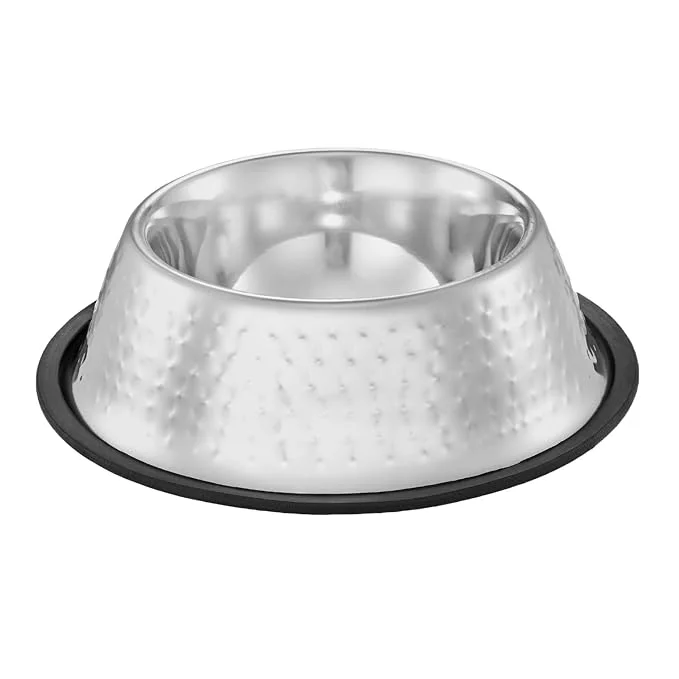 Amazon Basics Stainless Steel Pet Feeding Bowls for Dog & Cats | Anti Slip Base | Hammering in SS Shiny – 900 ml
